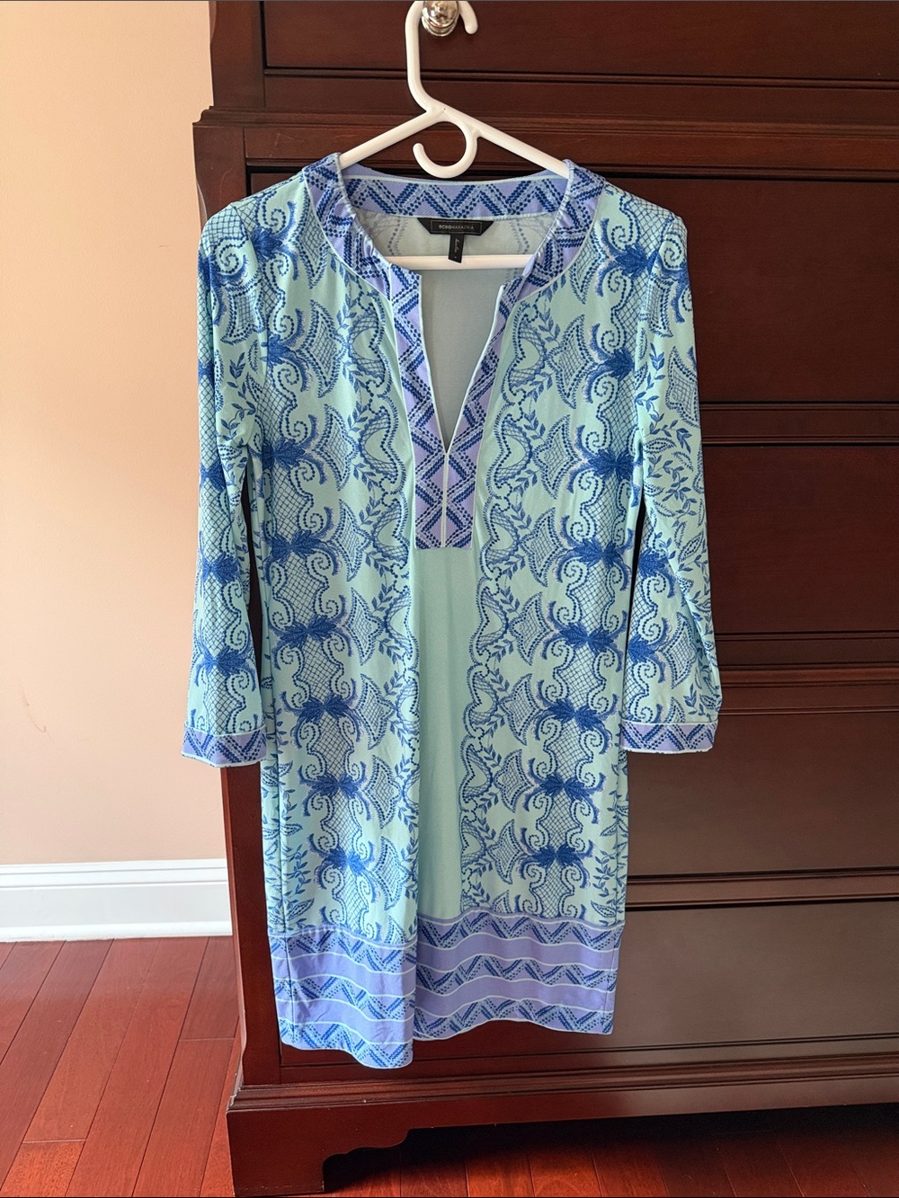 BCBGMaxAzria Light Blue and Royal Blue Patterned Long-Sleeve Tunic Dress
